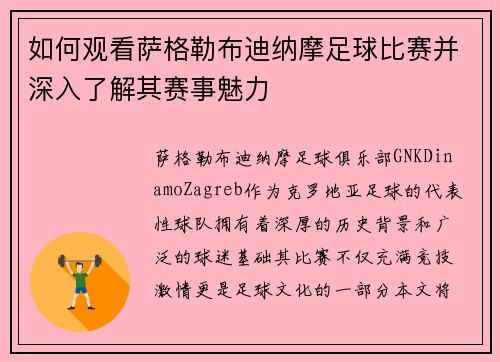 如何观看萨格勒布迪纳摩足球比赛并深入了解其赛事魅力