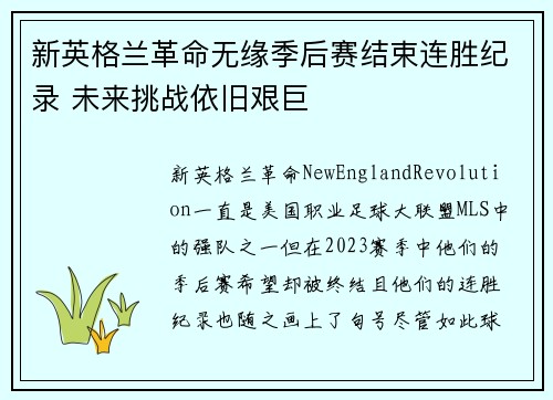 新英格兰革命无缘季后赛结束连胜纪录 未来挑战依旧艰巨 新英格兰革命无缘季后赛结束连胜纪录 未来挑战依旧艰巨