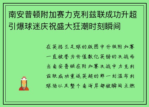 南安普顿附加赛力克利兹联成功升超引爆球迷庆祝盛大狂潮时刻瞬间 南安普顿附加赛力克利兹联成功升超引爆球迷庆祝盛大狂潮时刻瞬间